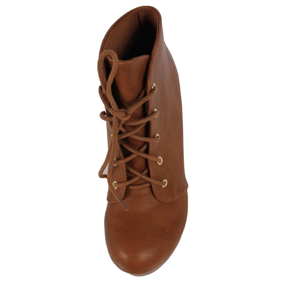 Tan Faux Leather Lace Up Platform Stack Block Heel - Picture 4 of 8